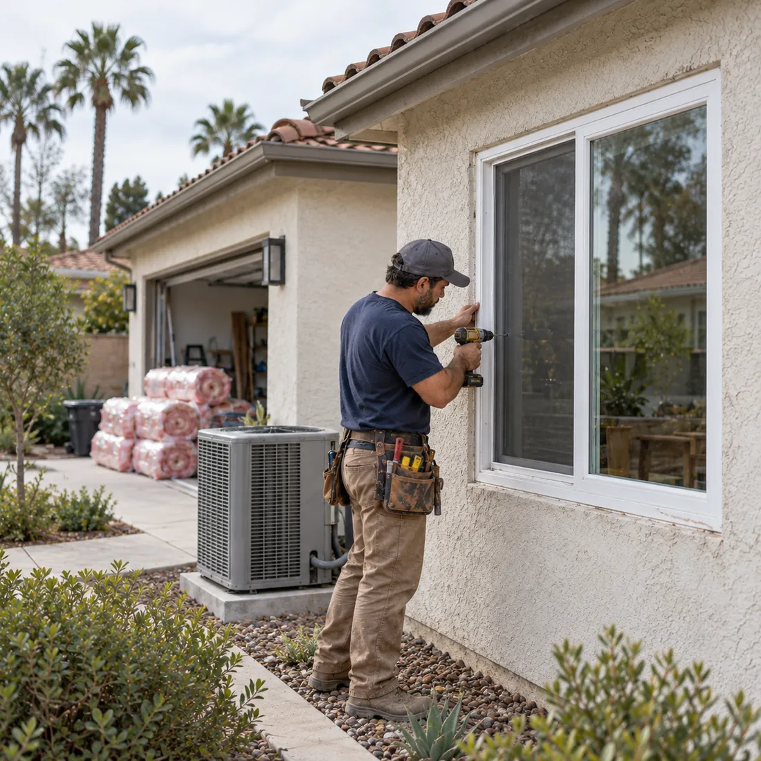 Contractor installing an energy-efficient window on a Southern California stucco home, with insulation and a new HVAC unit nearby